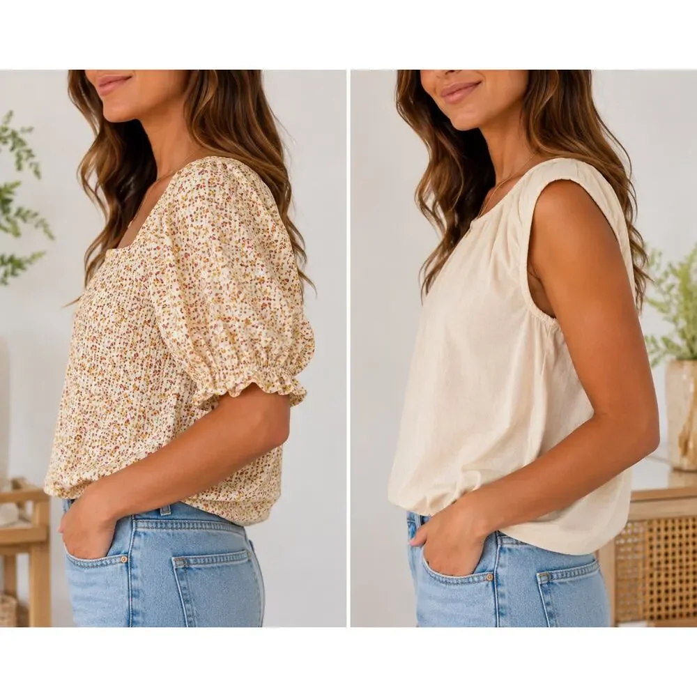 Madewell Bundle Floral Smocked Puff Sleeve Top Linen Blend Tank Boho Cottagecore